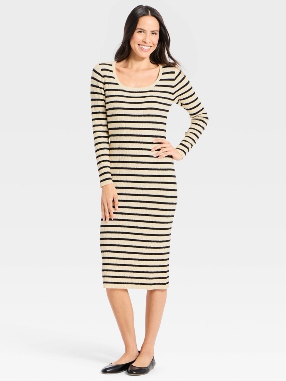 Universal Thread Women's LS Textured Cream/Black Striped Midi Sweater Dress NWT